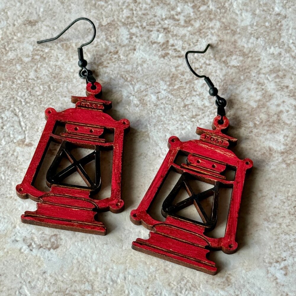 Wooden Lantern Earrings | Hand-Painted Rustic Dangle Earrings | Lightweight